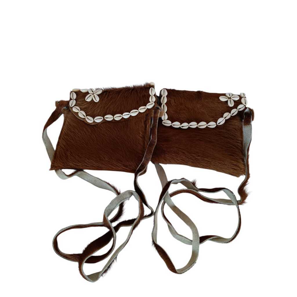 Conjunto Capanga Oxóssi Logun Edé Couro Legítimo Artesanal Búzios Dentes - Bolsa de Caçador Orixá Luxo Reforçada Oferta