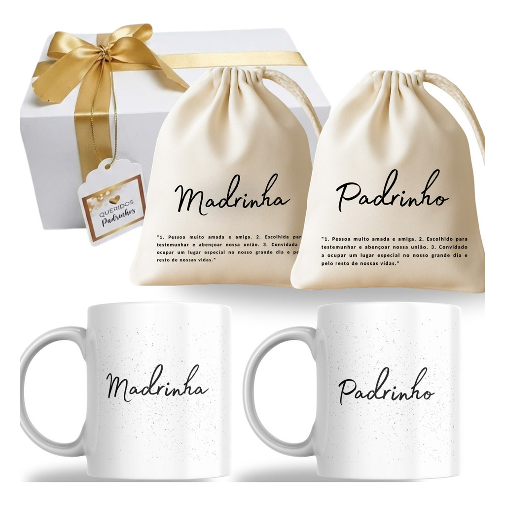 Kit Caixa Convite Padrinhos Casamento+ Canecas+ Saquinhos