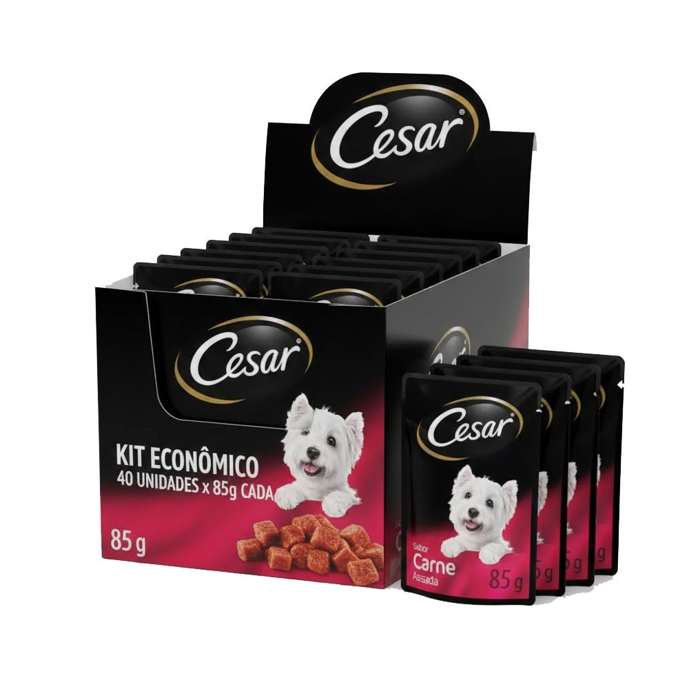 Kit Ração Úmida Cesar Sachê Cortes Selecionados Carne Assada ao Molho para Cães