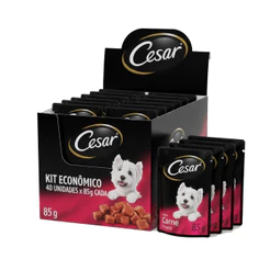 Kit Ração Úmida Cesar Sachê Cortes Selecionados Carne Assada ao Molho para Cães Adultos 40 Unidades