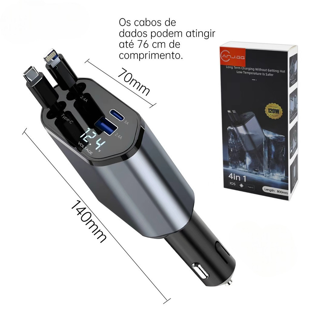 Carregador Veicular 4 em 1 Retrátil 120W c/ Display de Voltagem – USB + USB-C + Type-C + iPhone (12V/24V) 180° marisa