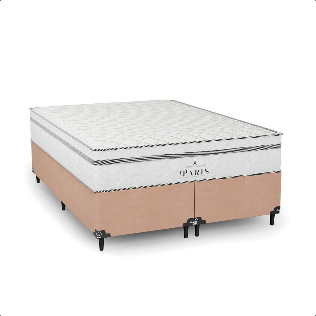 Cama Box Casal Bipartido Bege + Colchão Paris Molas Ensacadas Branco - e-Shop Casa