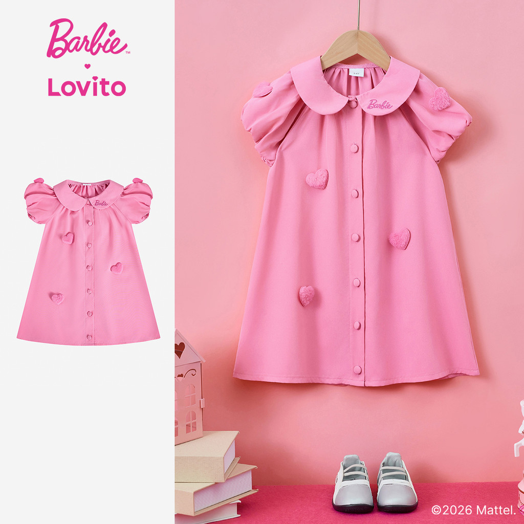 (New arrival) Barbie™ X Lovito Kids  Vestido Rosa Primavera/verão com Bordado de Coração para Menina DRBL2PAD004 em Oferta na Shopee
