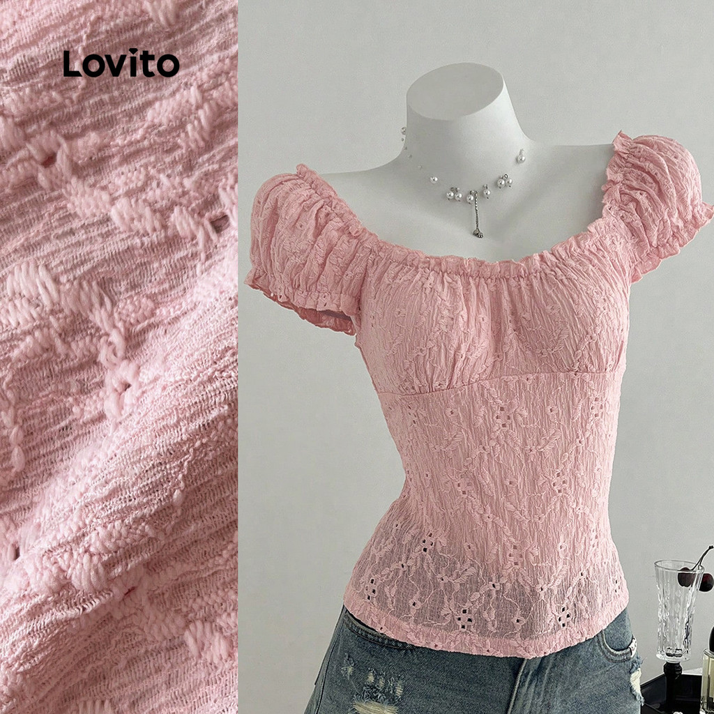 Lovito Blusa Casual de Jacquard com Estrutura de Linhas e Pregas Primavera/verão Rosa para Mulheres L138ED008 em Oferta na Shopee