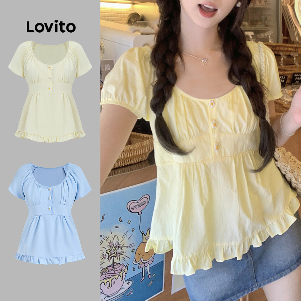Lovito Blusa de botão plissada lisa fofa para mulheres L122AD055 em Oferta na Shopee