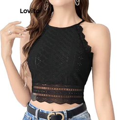 Lovito Férias Regata De Renda Lisa Para Mulheres Bordado L108ED160