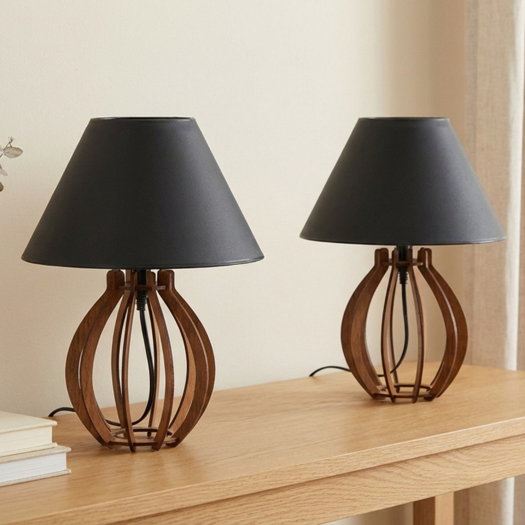 Kit 2 Abajur Clássico Preto de Madeira MDF Luminária Cabeceira Quarto Sala Decorativo Iluminação