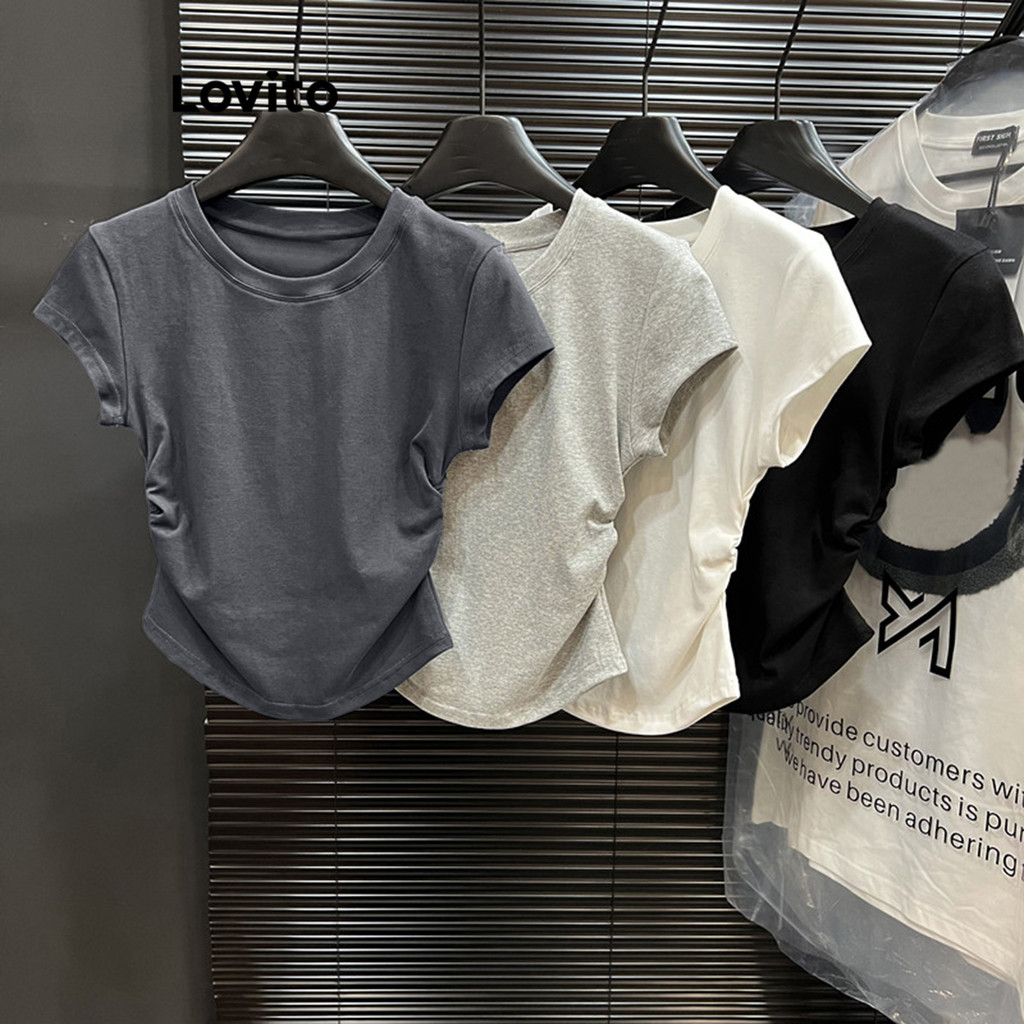 Lovito Camiseta Casual De Verão/primavera, Lisa, Franzida, Para Mulheres, Lne35228 (multicolorida) em Oferta na Shopee