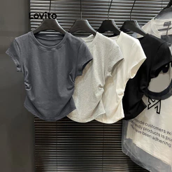 Lovito Casual Camiseta De Verão/primavera Lisa Franzida Para Mulheres LNE35228 (multicolorida)