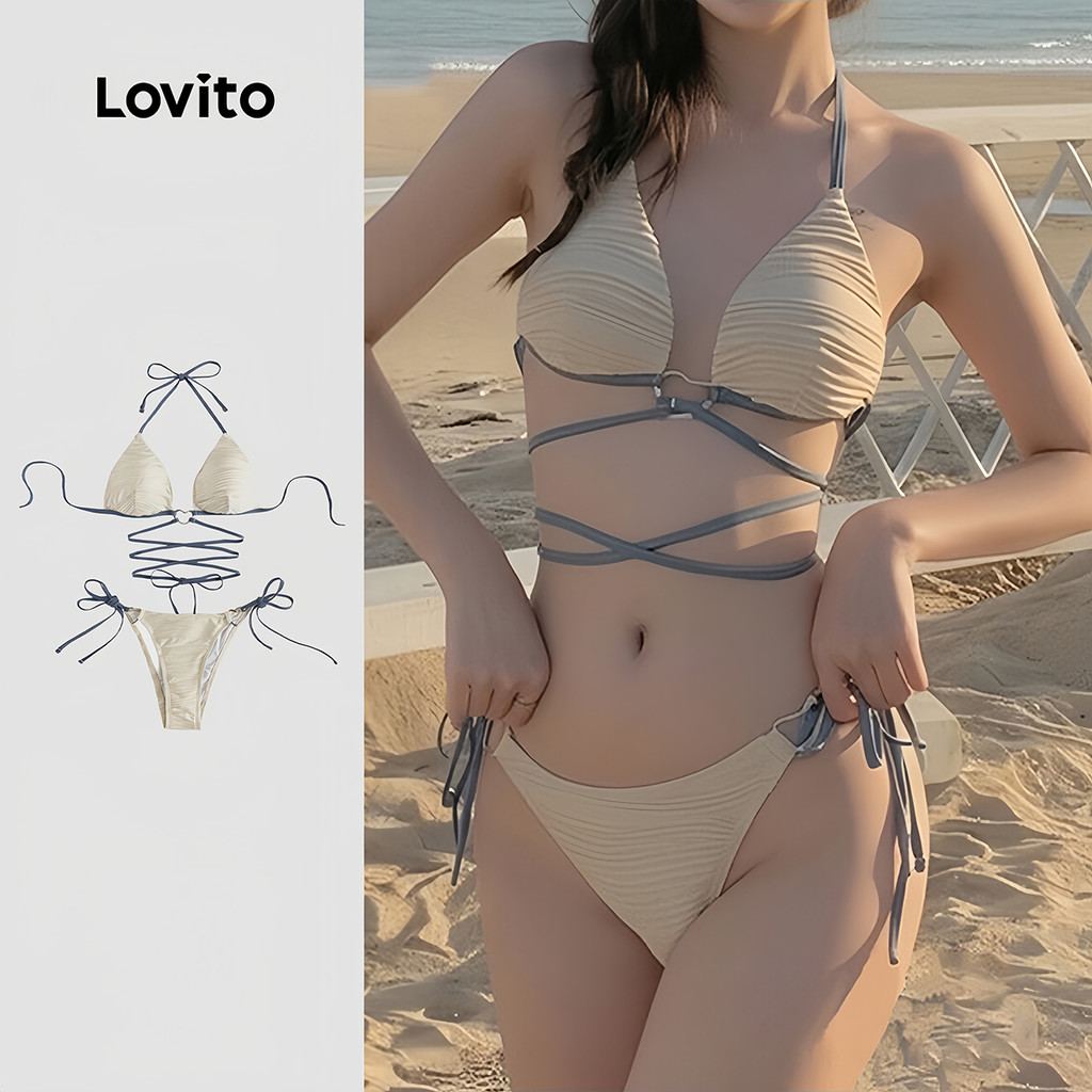 Lovito  de Biquíni Sexy Cores 2pcs Primavera/Verão Branco Biquíni Conjunto Feminino LNE134044 em Oferta na Shopee