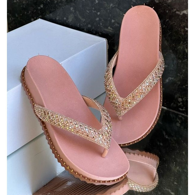 Papete Rasteirinha Feminina Cabedal V lizy Sola Cravinho Strass Lançamento Verão 2025 Confortável Barato Pronta Entrega