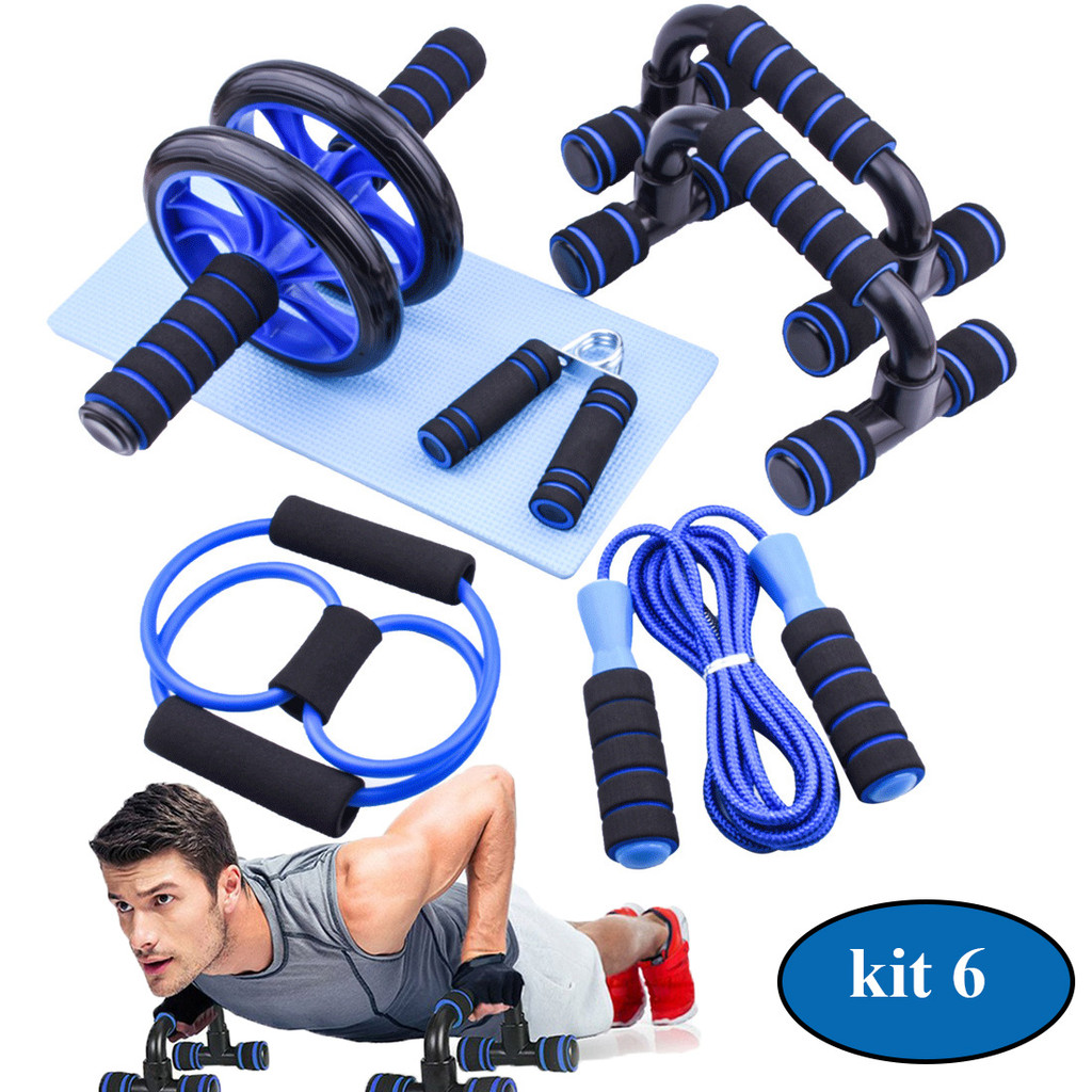 Kit Fitness 6 em 1 Roda Abdominal Flexão Corda Elástico Hand Grip Tapete Treino em Casa