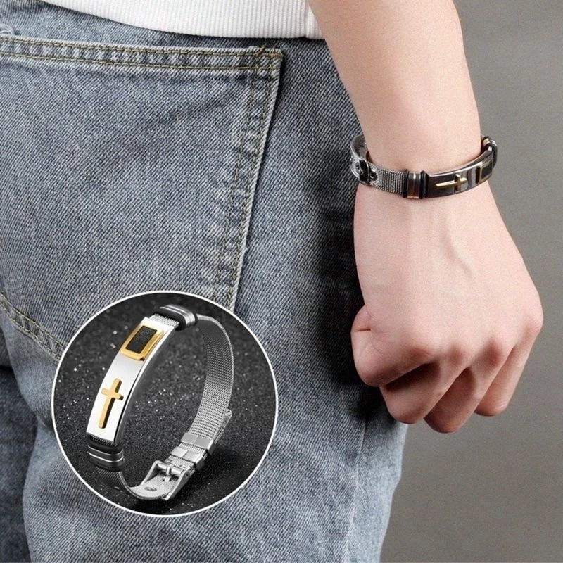 Pulseira Masculina Com Cruz De Aço Titânio De Tamanho Ajustável Para Estilo Religioso Da Moda