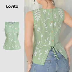 Lovito Férias Top Flores Botão Amarrar Costas Primavera/verão Verde Claro Top para Mulheres L178ED823