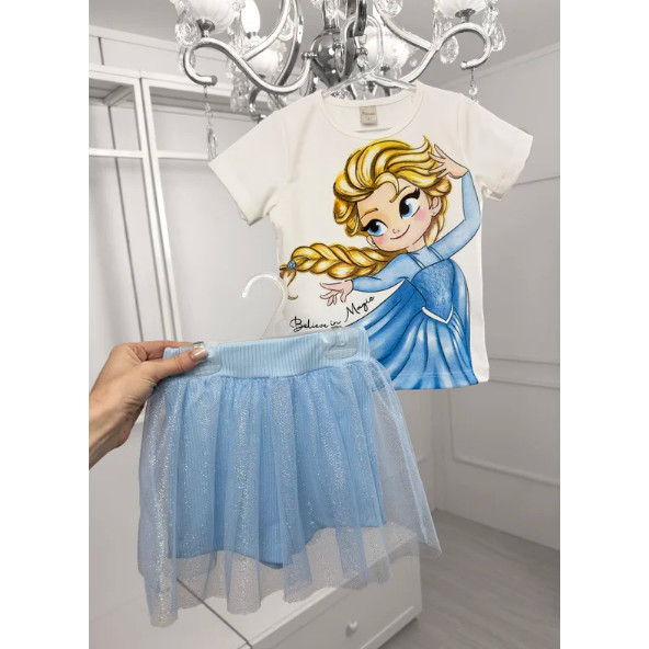 Conjunto Infantil Princesa Blusa Manga Curta Shorts Saia Tule Brilho Azul em Oferta na Shopee