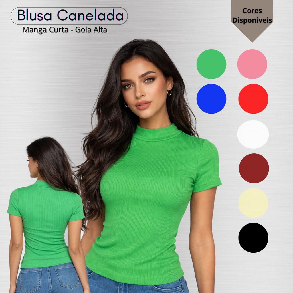 Blusinha Feminina Canelada Gola Alta Manga Curta Moda Elegante Estilosa Confortável Segunda Pele Básica