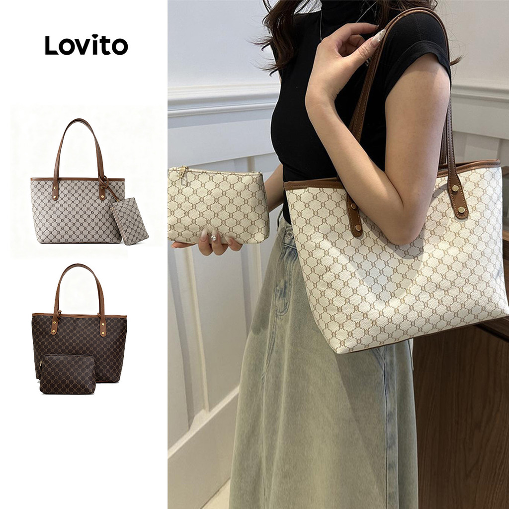 Lovito Casual geométrico Retro flor capacidade bolsa de ombro para mulher LFA64088 em Oferta na Shopee
