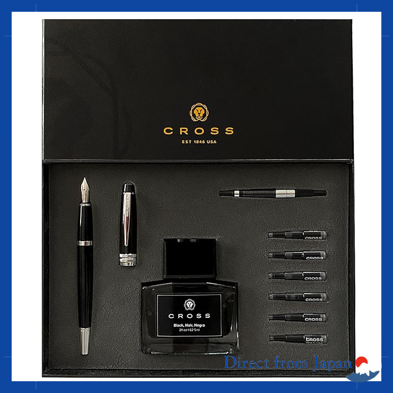 Cross Black Lacquer Fountain Pen Gift Set with Bottled Ink, Converter, and Premium Box