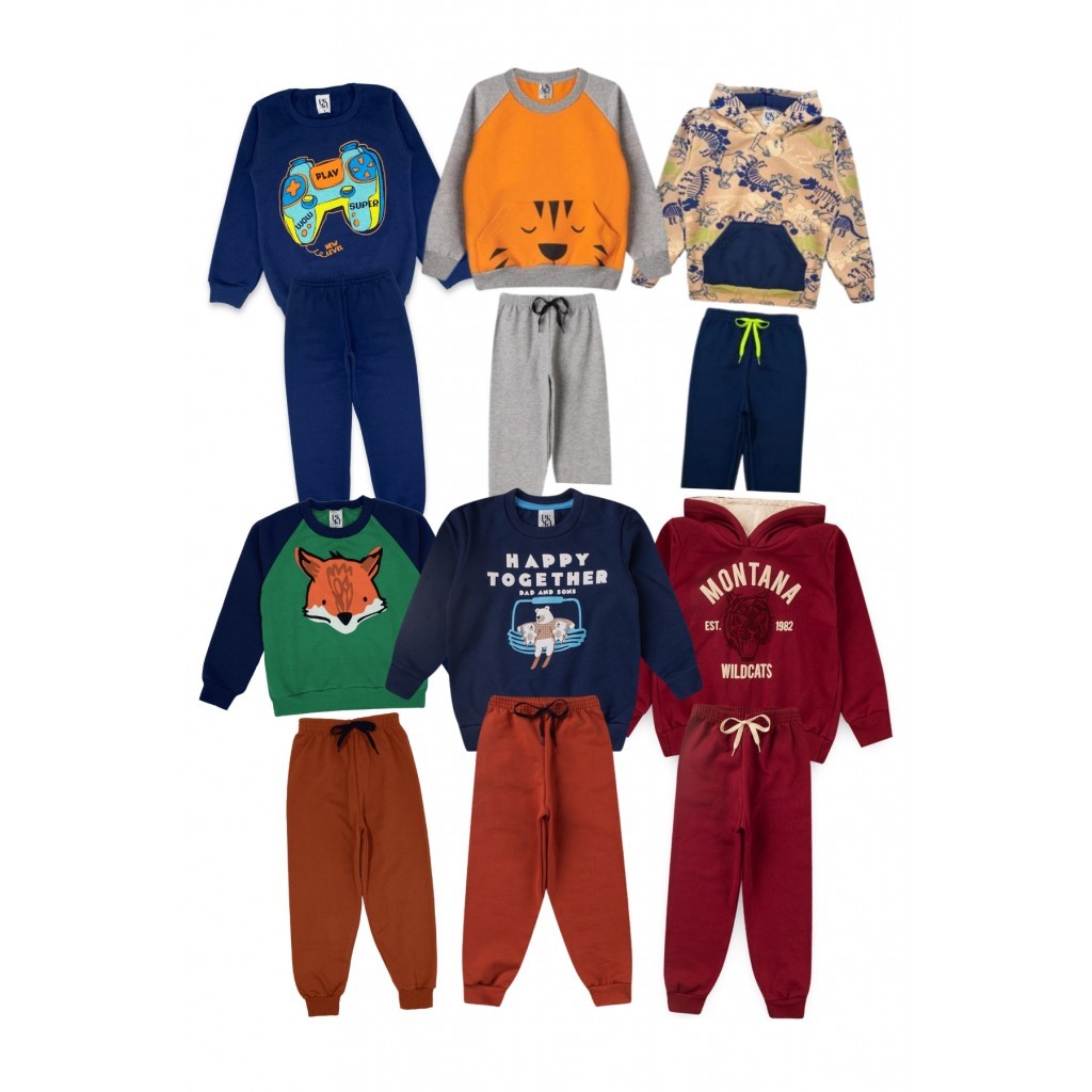 Kit Sortido 12 Peças de Roupas Infantis Masculino Inverno - 6 Casacos + 6 Calças