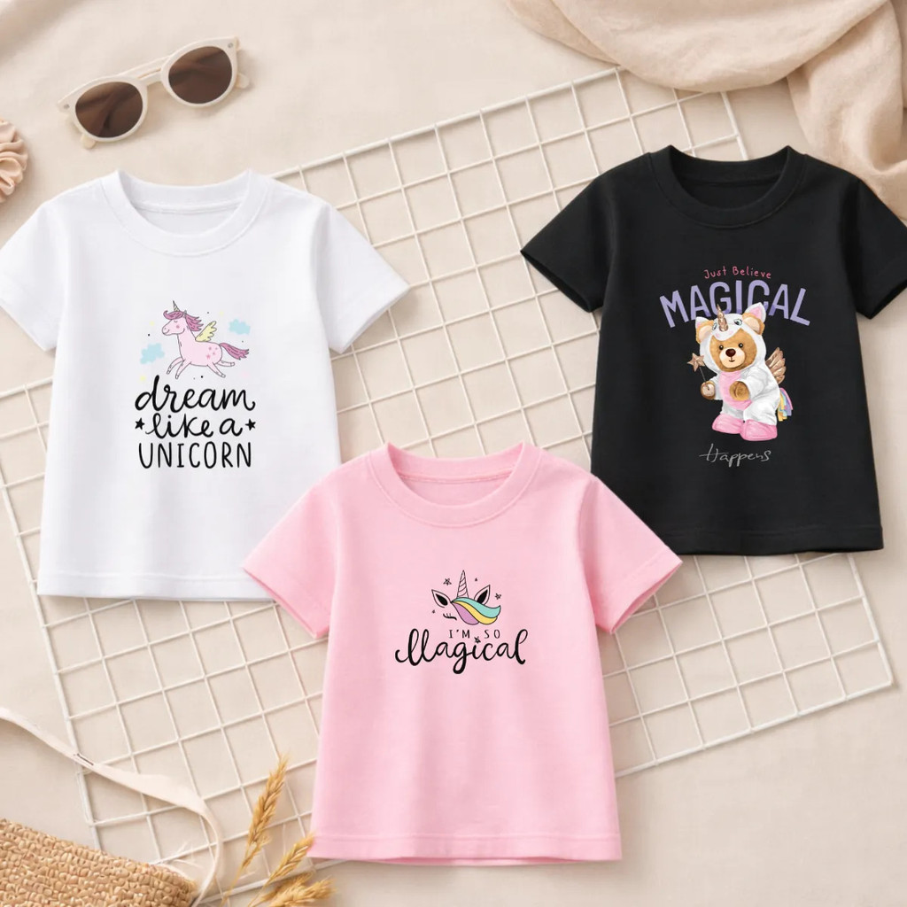 Kit 3 Camisetas Unicórnio Infantil Menina 100% Algodão Confortável Casual Moda urso unicórnio cores