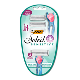 Barbeador descartável Soleil Clic Sensitive recarregável Azul + 5 lâminas Bic em Oferta na Shopee