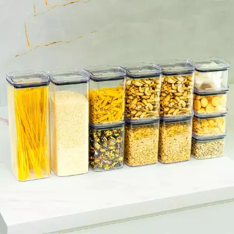 Kit 12 Potes Herméticos Organizadores Empilháveis de Acrílico Transparente Porta Mantimentos para Cozinha Despensa