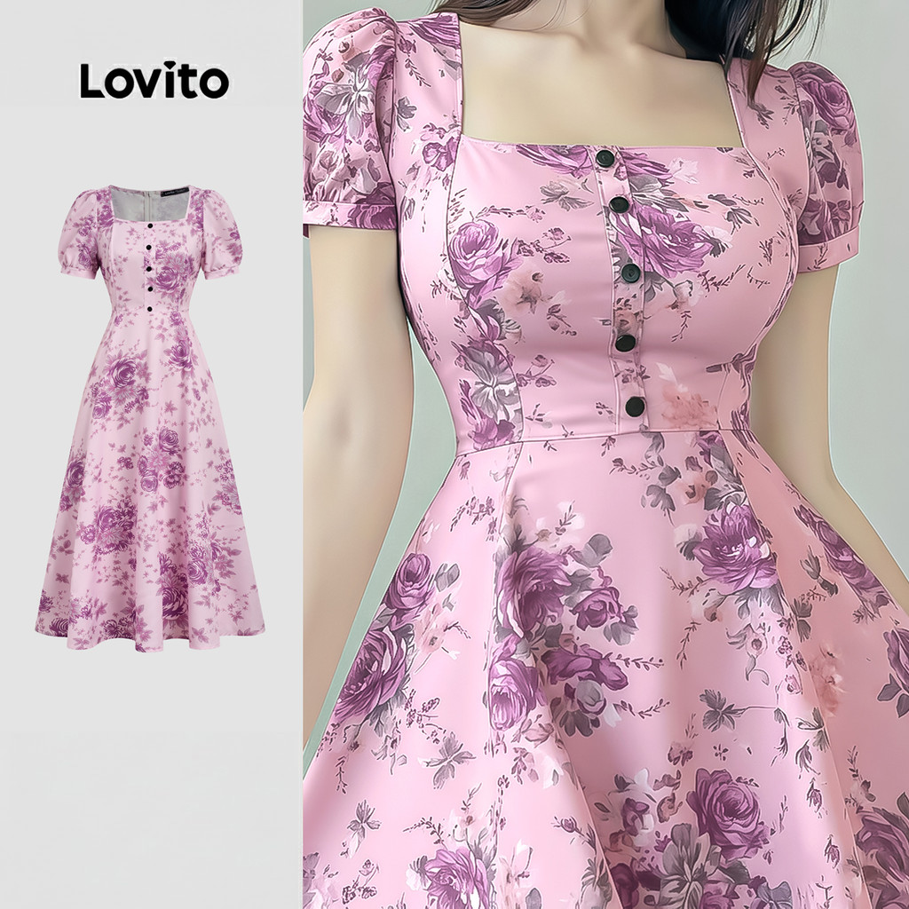 Lovito  Vestido Boho com Botões Frontais e Pregas Vestido para Mulheres Primavera/Verão L177ED245 em Oferta na Shopee