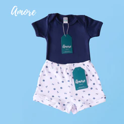 Conjunto Body Manga Curta Amore Azul Marinho e Short Marinheiro 100% Algodão