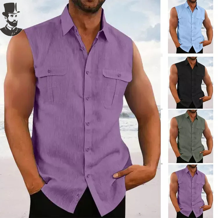 Camisa Formal Masculina de Linho Sem Mangas, Colete com Botões, Cor Sólida, Casual, Tamanho Grande, OZVX