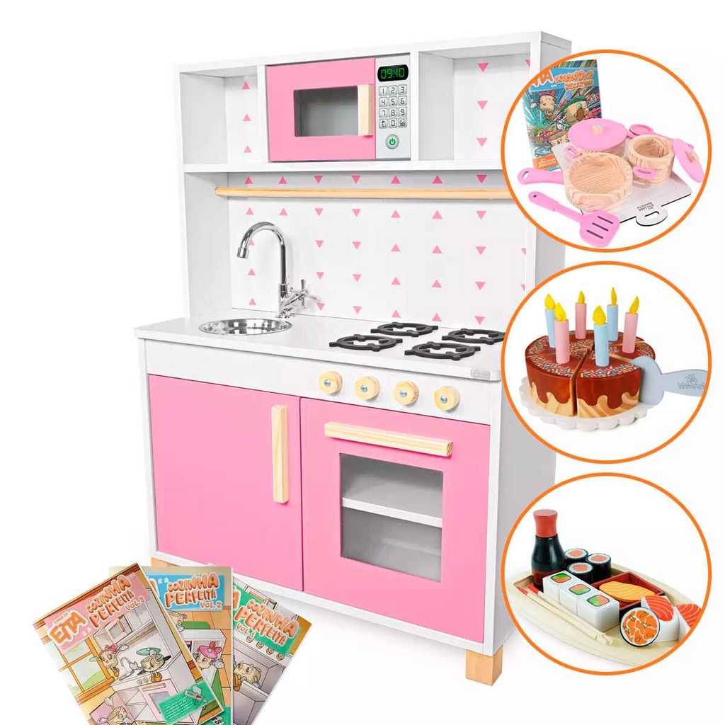 Cozinha Infantil Panelinhas Bolo Sushi Brinquedo Madeira Pedagógico Panelinha Rosa Faz de Conta Chef Kit Livro Educativo