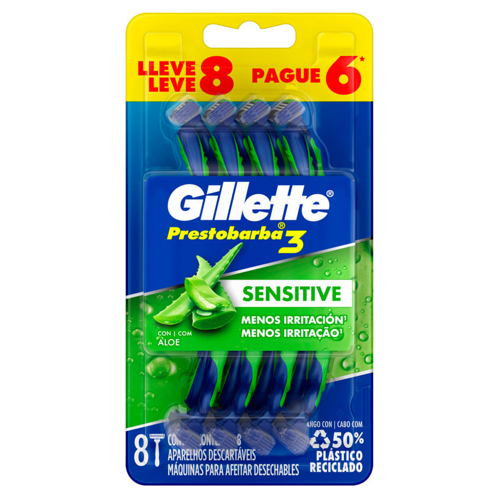 Aparelho de Barbear Gillette Prestobarba3 Sensitive Leve 8 Pague 6 Unidades em Oferta na Shopee
