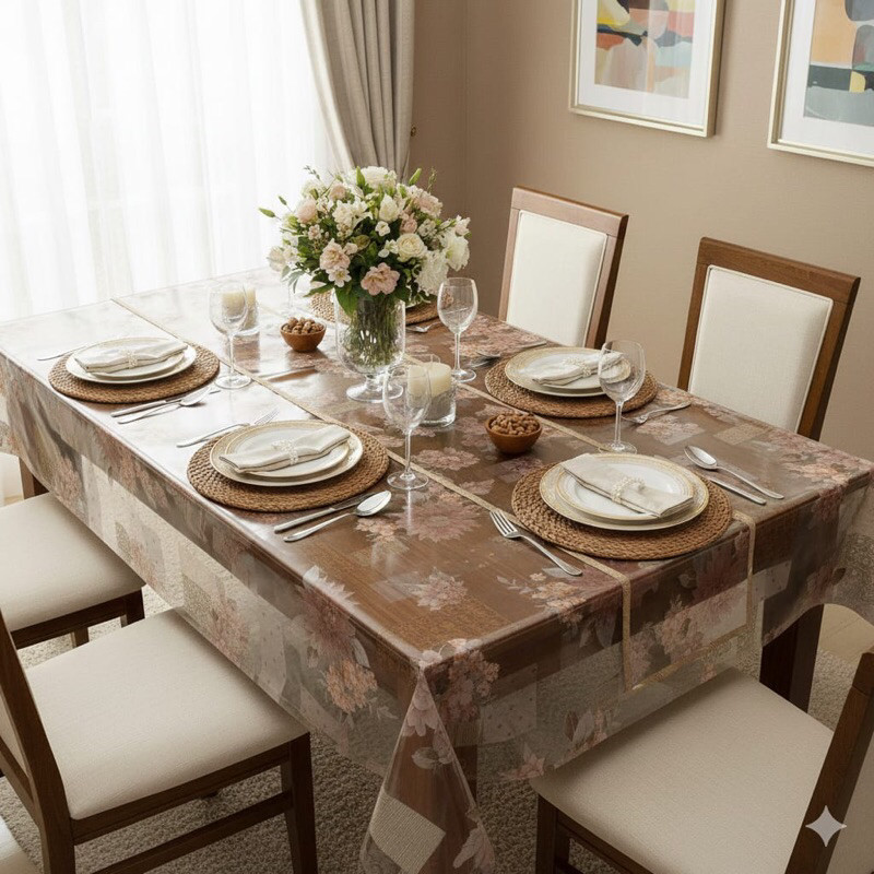 Toalha de Mesa de Plástica Forro de mesa cristal estampada e impermeável, para mesas 4,6,8 cadeiras