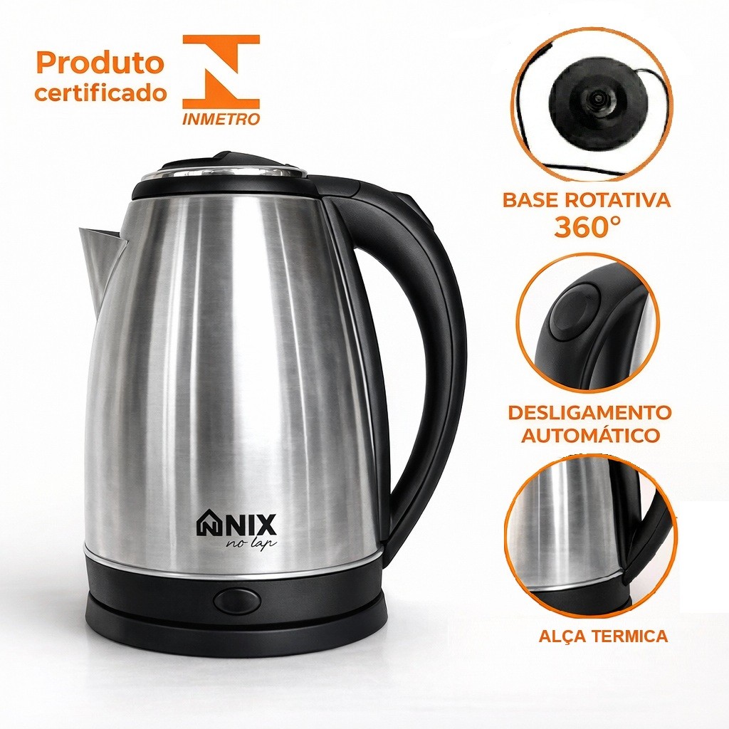 Chaleira Elétrica Inox 2 Litros 127V/220V Desligamento Automático Ferve Água Rápido Para Café e Chá