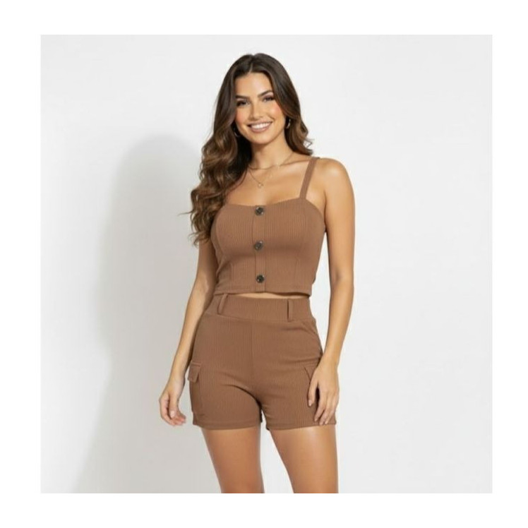 Conjunto Feminino Blusinha com Bojo e Short Cintura Alta Look Moderno, Estiloso, Confortável, Verão