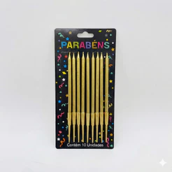 VELA PALITO DOURADA METALIZADA PARA COMEMORAÇÕES , 13CM, CARTELA C/ 10PÇS