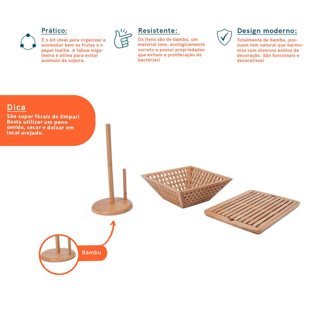 Kit com Fruteira Vazada, Porta Papel Toalha E Tábua Migalheira de Pão de Bambu - Oikos — imagem 2 de 2