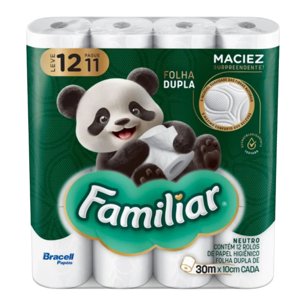 Papel Higiênico Familiar Folha Dupla 12 Rolos 30m Macio e Resistente Econômico para Uso Diário