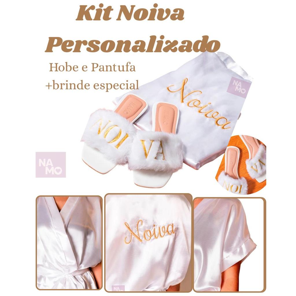 Kit Noiva Luxo Robe Cetim Bordado + Pantufa Pelúcia Personalizada
