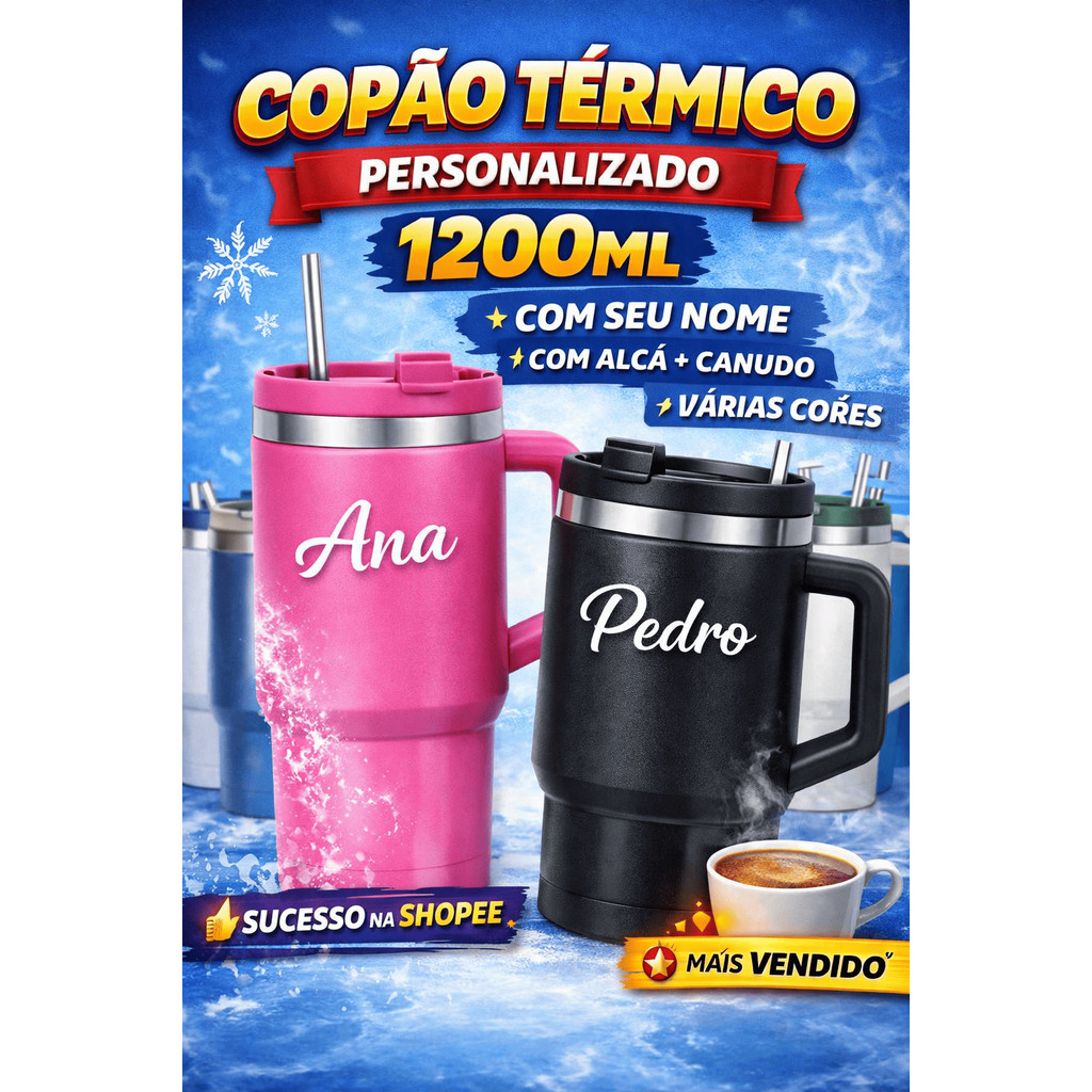 COPO TÉRMICO PERSONALIZADO 1200ML NOME CANECA INOX ALÇA CANUDO GARRAFA TÉRMICA PERSONALIZ COPÃO 1.2L