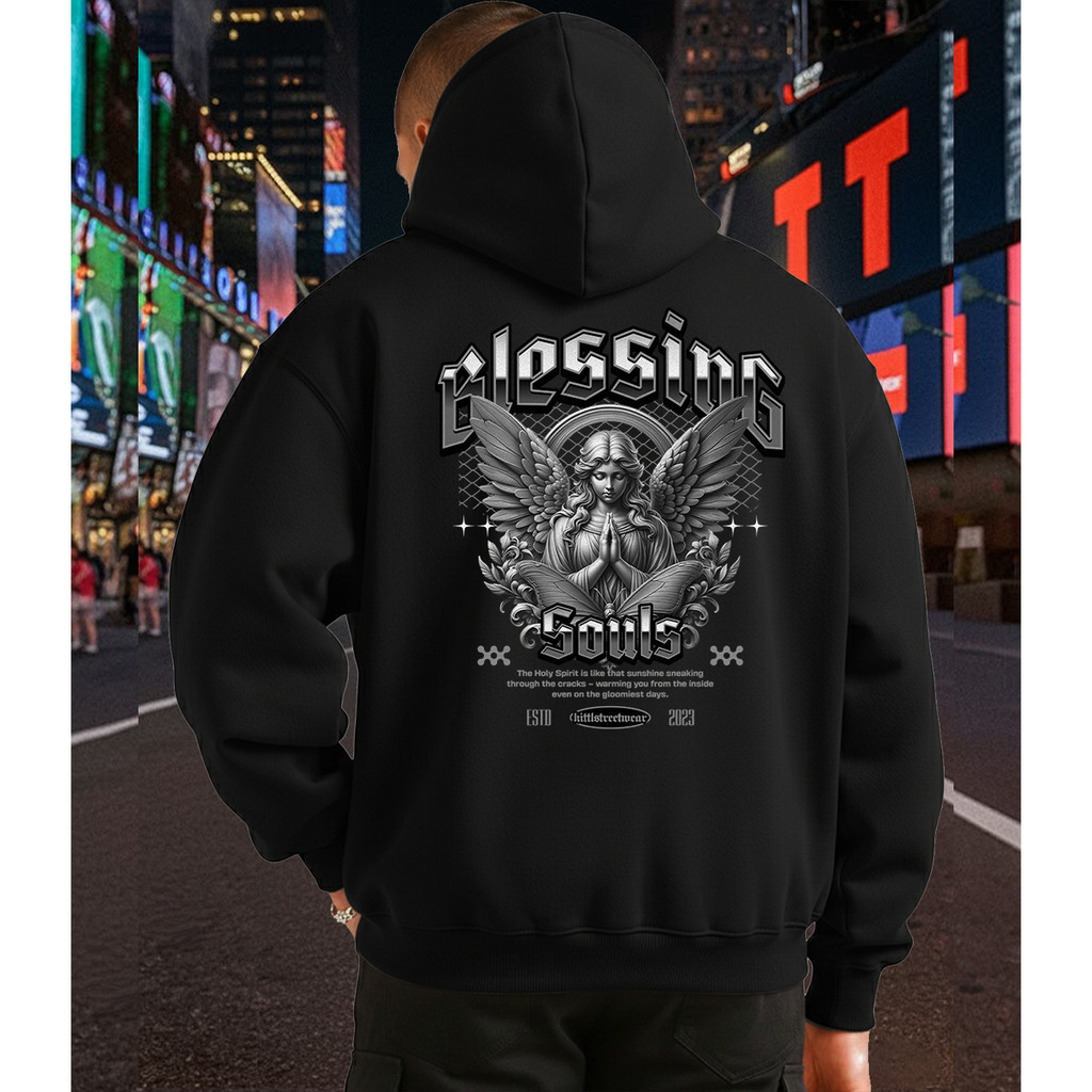 Moletom Canguru Com Capuz Bolso Streetwear Blessing Angel Estampado Unissex Flanelado Premium Macio
