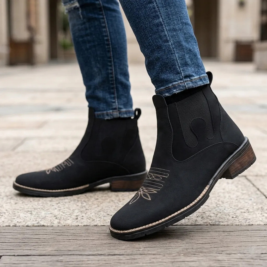 Botina Masculina Country Texana Cano Curto Elástico Lateral Bordado Estilo Western Trabalho Agro Rodeio