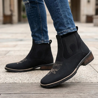 Botina Masculina Country Texana Cano Curto Elástico Lateral Bordado Estilo Western Trabalho Agro Rodeio