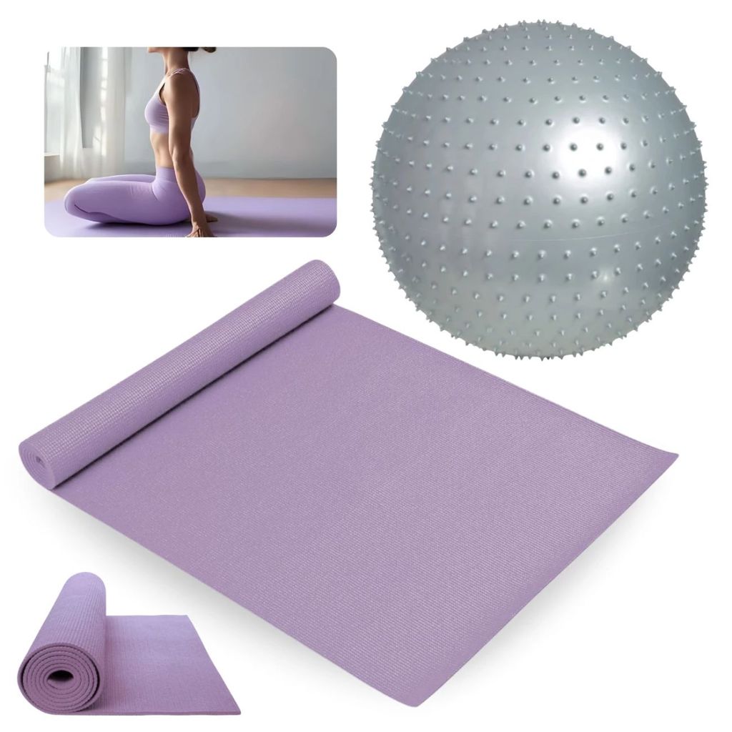 Kit Colchonete Lilas 1,73 M Tapete Yoga + Bola Suiça Yogine 65 Cm Massagem Ball Yoga Pilates