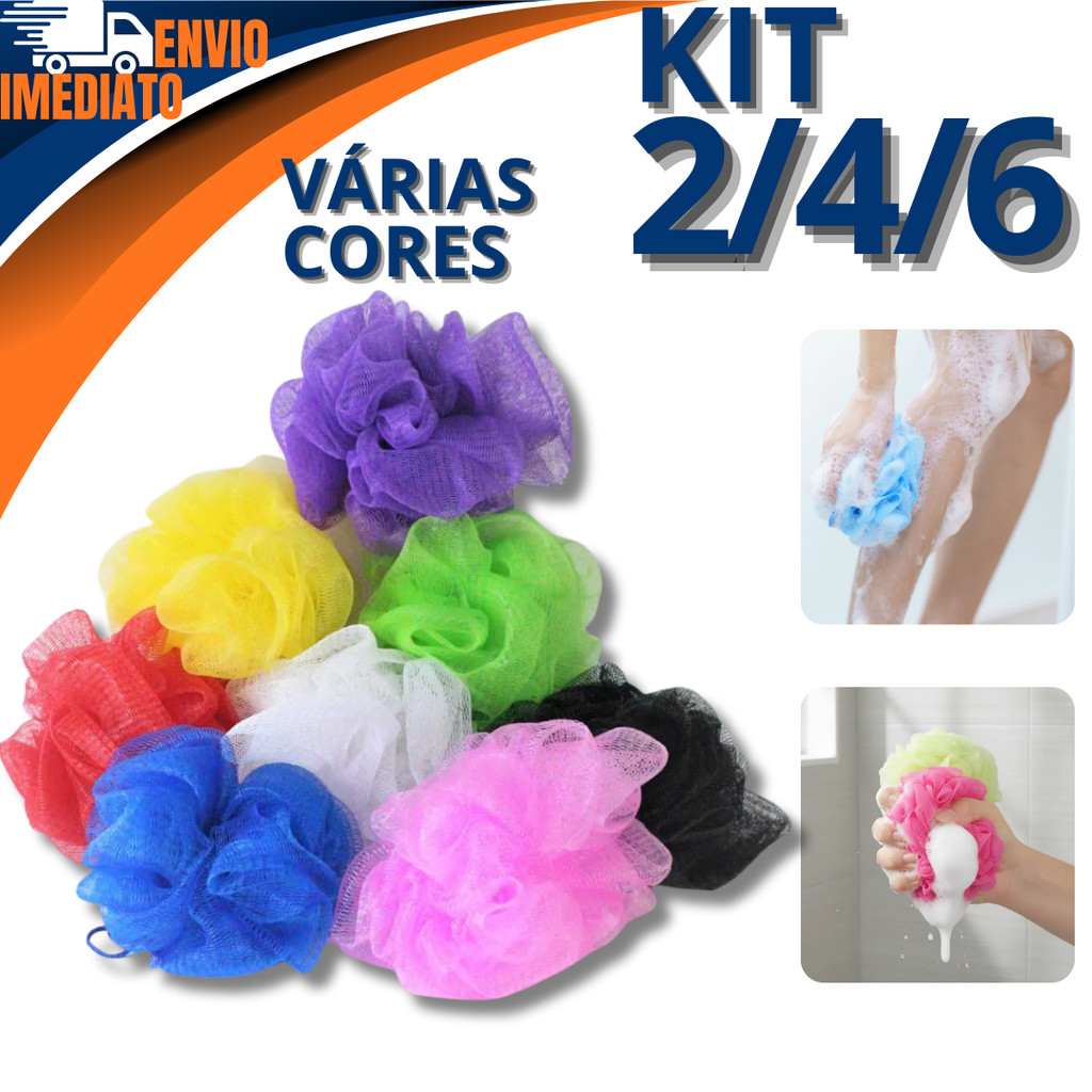 Kit 2/4/6 Esponja Bucha De Banho Nylon Com Cordinha Macia Esfoliante Várias Cores em Oferta na Shopee
