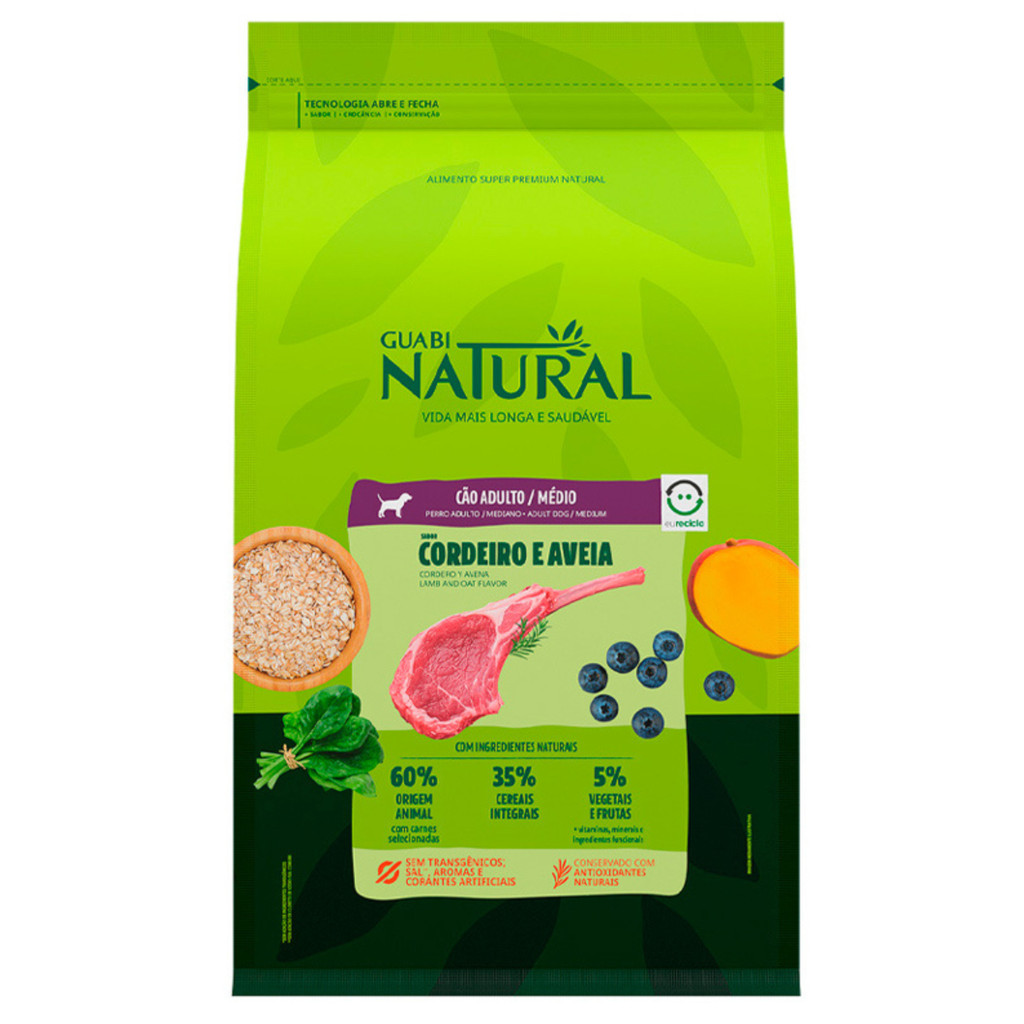 Ração Guabi Natural Cães Adultos Raças Médias 12 kg sabor Cordeiro e Aveia