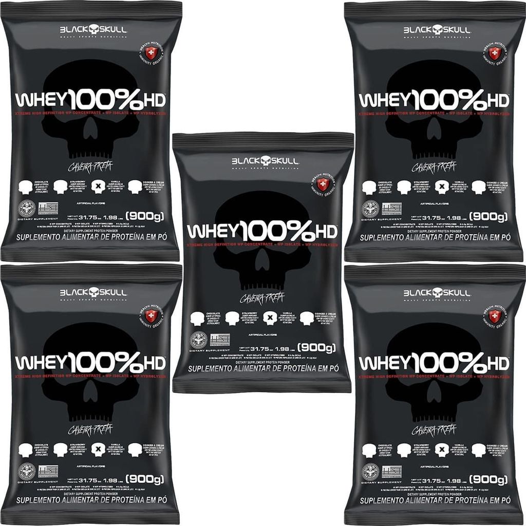 Kit 5X Whey 100% HD - 900g Refil Baunilha - Black Skull