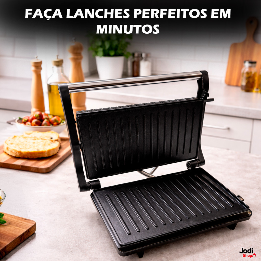 Mini Grill Grelha Sanduicheira Inox 750w Antiderrapante Alça Led Indicador Fritos Alimentos