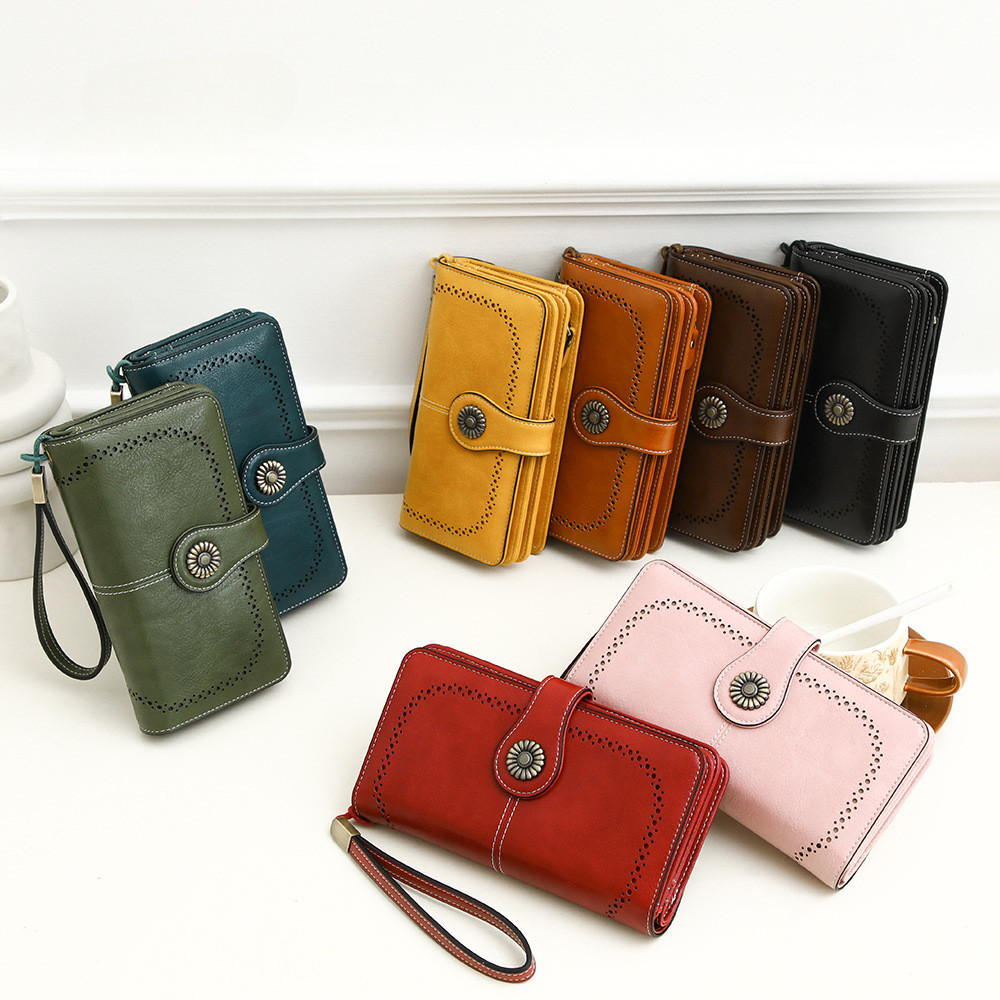 Carteira Longa De Couro PU RFID | Carteiras Femininas Com Pulseira Portátil Slot Para Vários Cartões