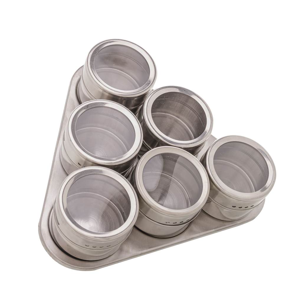 CONJUNTO 6 PORTA TEMPEROS POTE AÇO INOX C/TAMPA SUPORTE IMÃ