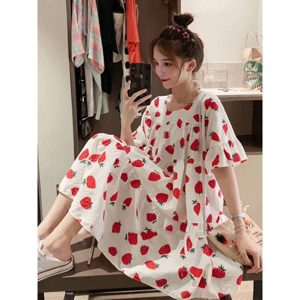 Maternidade verão terno versão coreana morango saia de manga curta pequeno cara capa barriga solta All-Match moda mais m